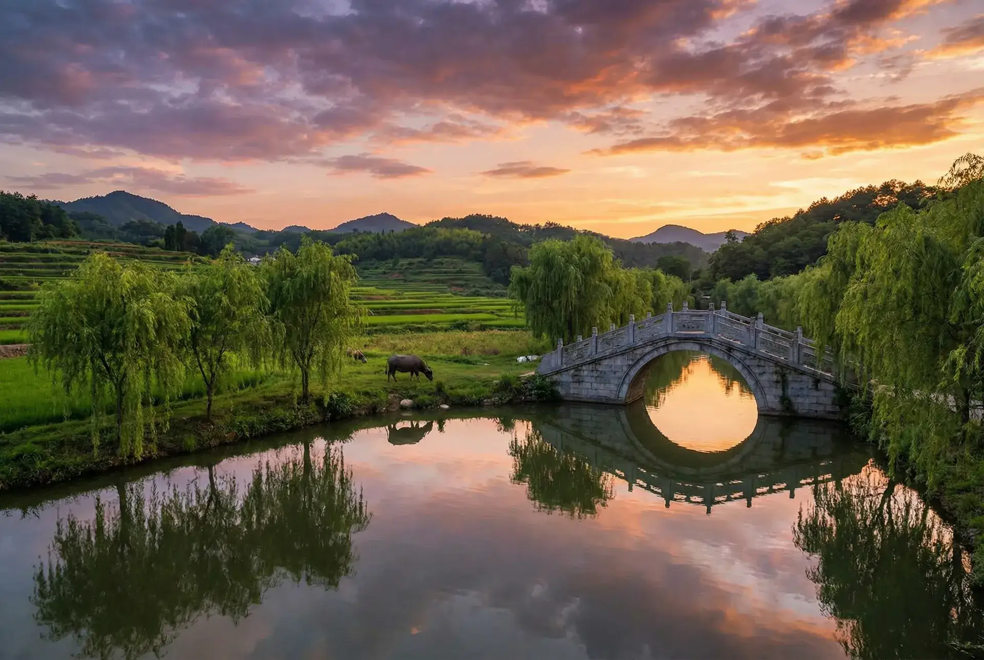 夕阳下的石拱桥与垂柳，水牛在河边吃草 - 《内衣办公室》完整版在线观看 乡村美景