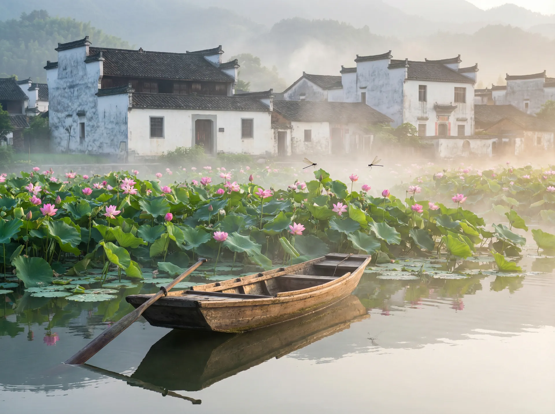 清晨荷塘小舟，粉色荷花盛开，白墙黑瓦的村庄 - 《内衣办公室》完整版在线观看 水乡风情